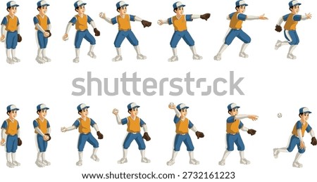 High-resolution illustration showing a step-by-step sequence of a baseball player performing a pitching motion. The animated progression captures key stages from grip and wind-up to ball release, making it ideal for sports training, educational materials, coaching guides, and athletic development content. Suitable for use in instructional visuals, youth sports programs, and motion analysis resources.