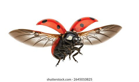 High-Resolution Image of Coccinella Septempunctata (Seven-Spot Ladybird) in Flight With Wings Open, Isolated on White Background 