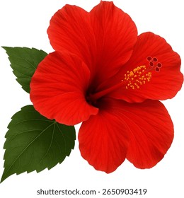 High-resolution image of a red hibiscus flower in full bloom, with two green leaves, isolated on a white background. Ideal for botanical, herbal, or cosmetic design purposes.