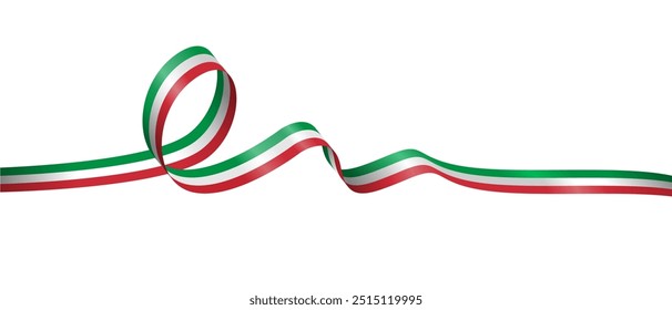 Hochauflösendes italienisches Flaggenband im 3D-Glanzstil, horizontal gekrümmt, einzeln auf weißem Hintergrund. Bearbeitbare Vektorgrafik, perfekt für Grafikdesign und Druckelemente, EPS-Format