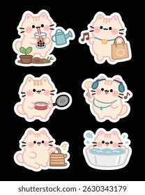 A high-resolution kawaii sticker pack featuring cute cartoon cats in different poses and accessories. Ideal for journals, planners, emojis, printable crafts, scrapbooking, and chat apps