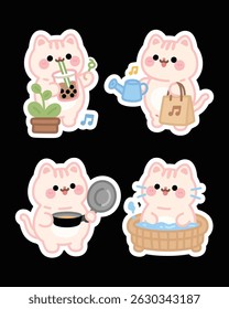 A high-resolution kawaii sticker pack featuring cute cartoon cats in different poses and accessories. Ideal for journals, planners, emojis, printable crafts, scrapbooking, and chat apps