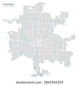 High-resolution map of Columbus, Ohio, showcasing the city's intricate street network, parks, waterways, and surrounding areas. Ideal for urban planning, navigation, or design projects.