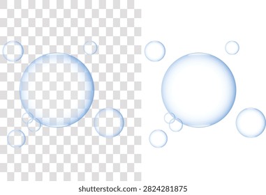 A high-resolution, minimalist digital graphic featuring a collection of realistic, translucent soap bubbles of varying sizes arranged in a cluster against a stark white background. The composition focuses on a central large bubble, surrounded by several smaller secondary bubbles, all rendered with soft, ethereal lighting that creates delicate, pale blue and white iridescent highlights along their curved edges. The texture of the spheres should appear thin and fragile, with subtle refractive qualities that show faint distortion and light gradients, evoking a sense of airy lightness and cleanliness. The aesthetic is clean, modern, and clinical, characterized by soft focus, smooth radial gradients, and an overall calm, bright, and serene atmosphere, avoiding any distracting textures or backgrounds to emphasize the geometric perfection and transparency of the bubbles.
