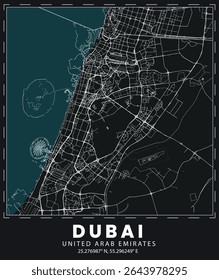 High-resolution minimalist vector map of Dubai, UAE. This clean and modern line-art design showcases the city’s road network and structure with elegant simplicity. Perfect for travel-themed projects, 