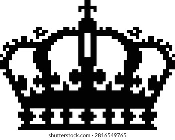A high-resolution pixelated crown graphic rendered in a clean black and white style. This digital asset is perfect for game development UI design or creative projects requiring a distinct retro aest