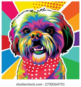 Ilustración de estilo de arte pop de Alta resolución de un perro Shih Tzu, con una vibrante piel de arco iris y una bandana roja de lunares. La pose expresiva y el fondo dinámico de los rayos y puntos geométricos crean una composición alegre y artística. Perfecto para decoración de paredes, Mercancía con temática de mascotas, contenido editorial y proyectos de diseño creativo en el nicho de arte y animales.