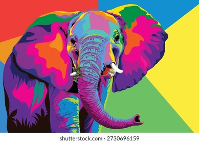 Ilustração em estilo pop art de alta resolução de um elefante segurando folhas verdes com seu tronco, renderizado em cores psicodélicas ousadas. O fundo geométrico apresenta segmentos brilhantes e contrastantes que melhoram o impacto visual e a energia artística. Ideal para decoração de parede, mercadorias com temática de vida selvagem, conteúdo editorial e projetos de design criativo no nicho de arte e animais.