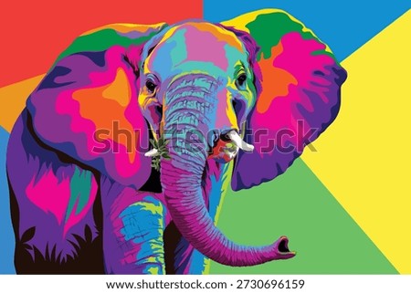 High-resolution pop art style illustration of an elephant holding green leaves with its trunk, rendered in bold psychedelic colors. The geometric background features bright, contrasting segments that enhance the visual impact and artistic energy. Ideal for wall decor, wildlife-themed merchandise, editorial content, and creative design projects in the art and animal niche.