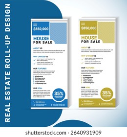 High-resolution roll-up banner vector for real estate marketing. Perfect for showcasing houses, apartment listings, and open houses. Comes with bold pricing, feature icons and contact section