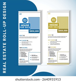 High-resolution roll-up banner vector for real estate marketing. Perfect for showcasing houses, apartment listings, and open houses. Comes with bold pricing, feature icons and contact section