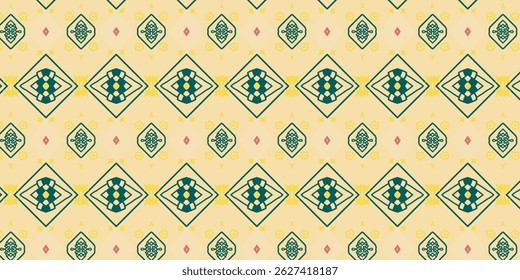 A high-resolution seamless ethnic pattern featuring traditional diamond shapes and floral accents in warm, earthy tones of green, yellow, and beige.