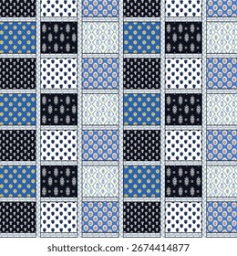 High-resolution seamless patchwork pattern featuring a combination of ethnic motifs, floral elements, and geometric tile designs in blue, white, and yellow tones. Inspired by traditional Indian