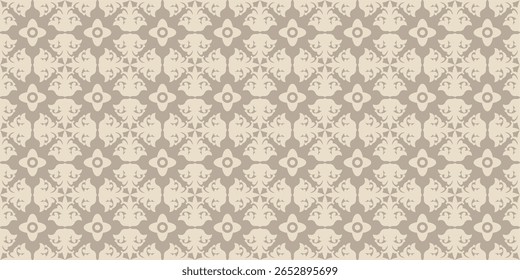 High-resolution seamless pattern featuring a classic floral and ornamental motif in beige and taupe tones. Ideal for backgrounds, wallpapers, packaging, textiles, and digital design projects