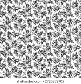Patrón sin fisuras de Alta resolución con hojas y ramas de palmeras tropicales detalladas en silueta negra audaz sobre un fondo blanco limpio. Elegante diseño botánico monocromo con una sensación de ilustración botánica vintage. Perfecto para textiles, Fondo de pantalla, embalaje, papelería, estampados de moda y fondos digitales. Vector escalable, ilustrativo.