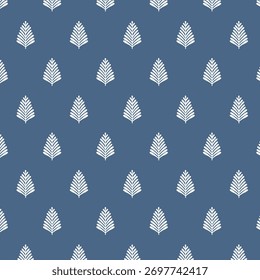 High-resolution seamless pattern featuring stylized white leaf shapes arranged in a symmetrical grid on a blue background. Each leaf includes a central spine with diagonal lines, resembling
