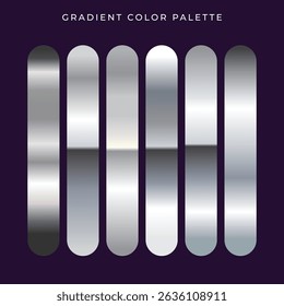 Amostras de barra de cores de gradiente cromado prata de alta resolução projetadas para interface do usuário, impressão e design digital. Perfeito para modelos, marcas, modelos e layouts elegantes.