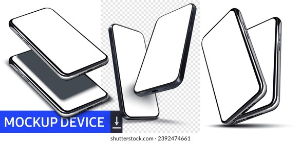 High-Resolution Smartphone Mockups Showing Various Angles for Technology and Communication Design. Cellphone frame with blank display isolated templates, phone different angles views. 3D isometric.