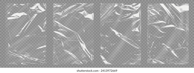 High-Resolution Transparent Plastic Wrap Texture for Graphic Overlay or Design Projects. Collection transparant wrinkled plastic. Vector illustration