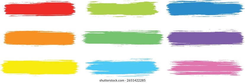 High-resolution vector collection of horizontal brushstroke elements in both black and vibrant colors—perfect for highlights, graphic accents, web design, and abstract visuals.