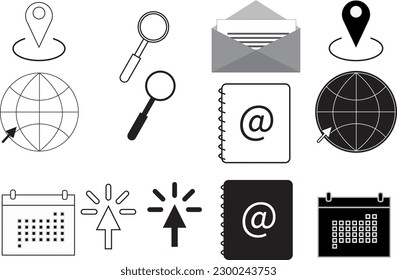 High-resolution vector icon featuring a magnifying glass, mouse pointer, email addresses, www, and more. Ideal for digital marketing, web design, and IT services. The symbol represents effective onlin