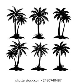 High-resolution vector illustration of 8 different style codate palm trees standing on soil Silhouette design perfect for tropical and botanical projects