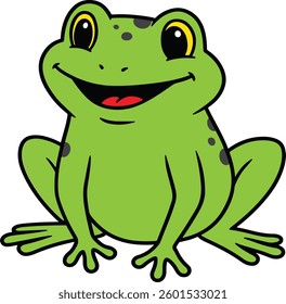 A high-resolution vector illustration of a cheerful cartoon frog sitting on a white background. With its bright green color and bold black outline, this illustration is perfect for fun, playful design