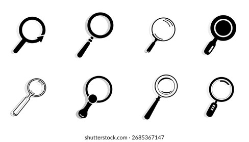 High-resolution vector illustration featuring eight unique magnifying glass icons, each rendered in a sleek black and white style