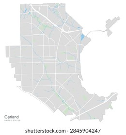 High-resolution vector map of Garland, Texas, showcasing streets, waterways, parks, and the urban layout of this Dallas suburb. Ideal for city planning, navigation, or demographic analysis.