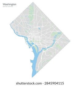High-resolution vector map of Washington D.C., showcasing the city's layout, rivers, and streets. Ideal for urban planning, travel guides, or educational materials.
