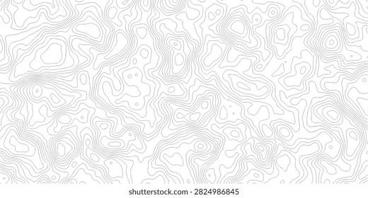A high-resolution vector-style illustration featuring a complex network of topographic contour lines. The pattern displays varying elevations and terrain shapes in clean black strokes against a stark white background making it ideal for cartography projects geographical designs or modern minimalist backgrounds.