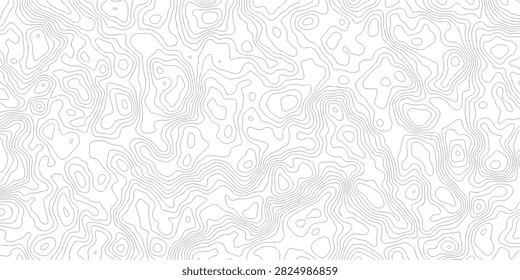 A high-resolution vector-style illustration featuring a complex network of topographic contour lines. The pattern displays varying elevations and terrain shapes in clean black strokes against a stark white background making it ideal for cartography projects geographical designs or modern minimalist backgrounds.