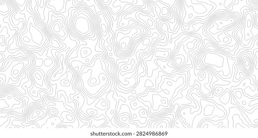 A high-resolution vector-style illustration featuring a complex network of topographic contour lines. The pattern displays varying elevations and terrain shapes in clean black strokes against a stark white background making it ideal for cartography projects geographical designs or modern minimalist backgrounds.