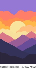 High-resolution vertical minimalist mountain landscape at sunset, 9:16 aspect ratio purple aesthetic background with copy space for mobile wallpaper.