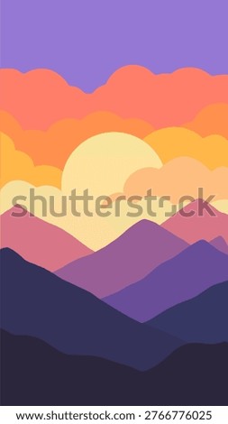 High-resolution vertical minimalist mountain landscape at sunset, 9:16 aspect ratio purple aesthetic background with copy space for mobile wallpaper.
