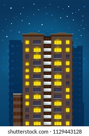 High-rise 13-storey house. Multi-storey house in the background of the night starry sky. Multi-storey building with luminous windows. Vector illustration