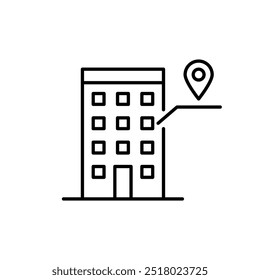 Edifício de apartamentos de arranha-céus e localização do mapa que aponta para a janela. Residência urbana, imóveis. Ícone de vetor perfeito de pixel