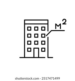 Edifício de apartamentos de arranha-céus e placa de metros quadrados. Espaço urbano compacto. Dimensões de imóveis. Ícone de vetor perfeito de pixel