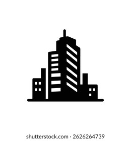 Edifício alto com o fundo da paisagem urbana ícone preto