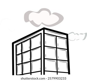 A high-rise building with clouds and smoke above it.