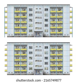 High-rise building constructed of large, prefabricated concrete slabs. Soviet Union style. Set of facades. Vector illustrations isolated on white background.