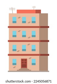 Altísima fachada de edificio con apartamentos con ventanas y puerta para el paisaje urbano. Diseño aislado de ilustración de vector