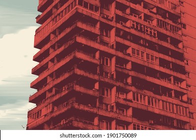High-rise Building Of The Soviet Era, An Apartment Building. Soviet Architecture, Detail. Vector Illustration