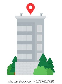 Edificio de altura con árboles y un punto en la azotea de la azotea de la zona Icono vector Drone aislado.