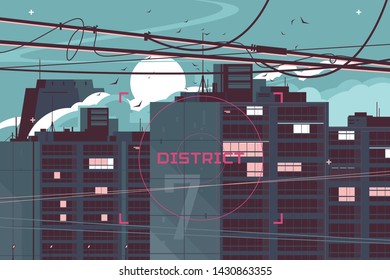 High-rise building vector illustration. Big structure located in seven district. Many people still awake in big modern apartments flat style concept. City landscape