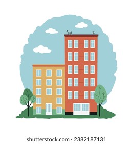 High-rise buildings in the European style. Urban space, blue sky and white clouds. Vector flat illustration.
