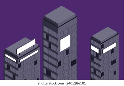 High-Rise Buildings in an Isometric Illustration. Isometric illustration of Three Skyscrapers with a purple background, can be used for presentations, for social media posts, for digital marketing