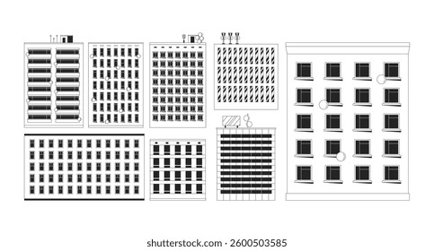 Highrise buildings in variety of architectural styles with antennas 2D line objects set. Downtown office apartments isolated cliparts vector ink outline items. Monochrome spot illustrations collection