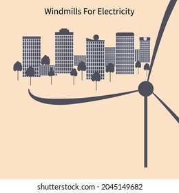 High-rise buildings, windmill symbol - vector. Alternative energy. Environmental protection concept.