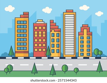 Highrise city building or skyscraper. Colorful city buildings with trees and cloud. Urban landscape, real estate, architecture, downtown, urban, residential, office. Flat style vector illustration